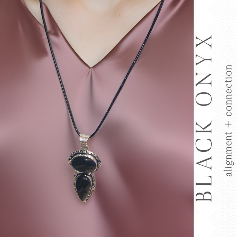 Black Onyx 2 Gemstone Handmade Halo Pendant
